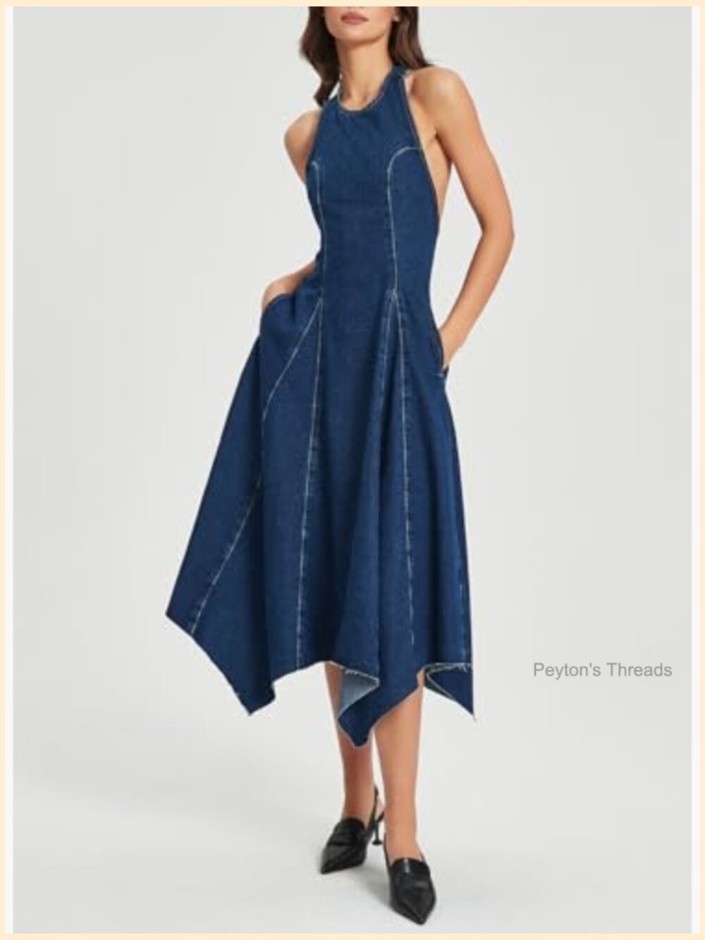 Halter Neck Backless Denim Midi Dress A-Line Flowy Zipper Closure - Picture 4 of 6